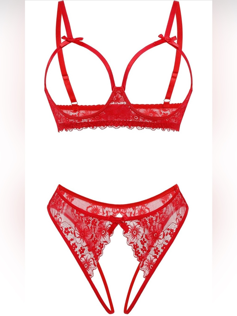 Bold Red Lace Open-Cup Bra & Strappy High-Cut Panty Set